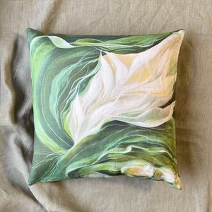 Coussin végétal, taie d'oreiller fleurs vertes, coussin vert blanc, cadeau de pendaison de crémaillère, coussin feuilles d'or vert, motif botanique