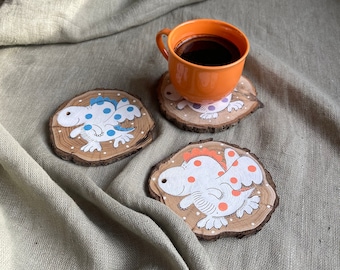 Set of 4 Natural Wood Coasters, Natural Wood Painted Slices, Table Accent, Hand Painted Coaster, Dragons Lovers Gift, Coaster Cute Dragon