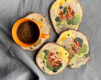 Hand-Painted Castle Coasters: Natural Wood Slice Drinks Holder, Set of 4