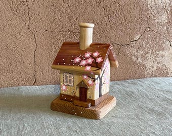Handmade Incense Burner Wooden Small House: Hand-Painted, Pink and White Flowering Tree