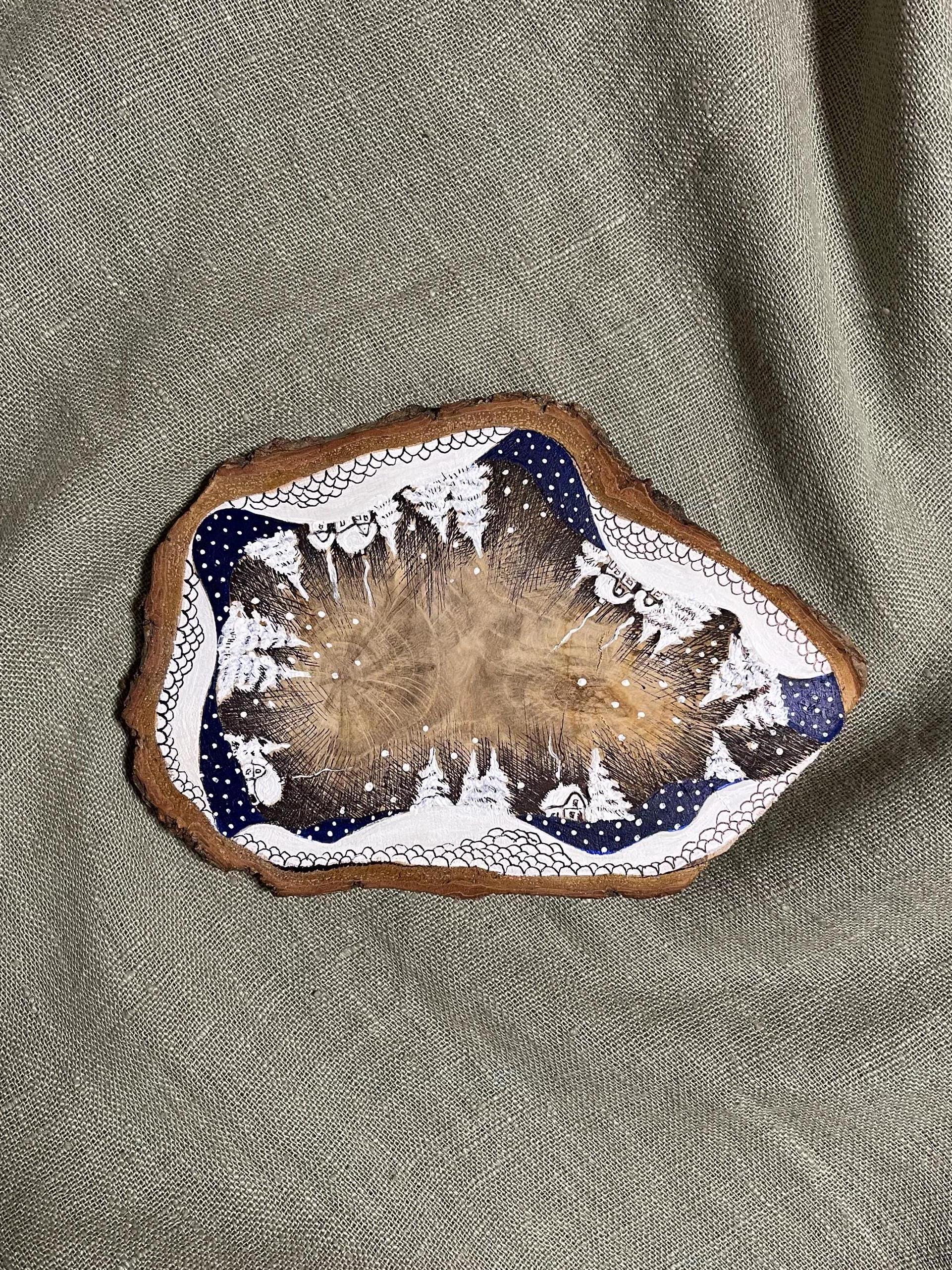 Hand-Painted Wooden Coaster: Winter Snowing Houses & Christmas Trees