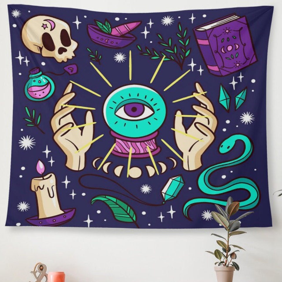 Discover Esoteric Tapestry Snake Skull Tapestries Trippy Tarot Wall Tapestry Moon phase Tapestry