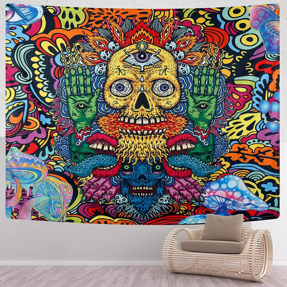 Trippy Skull Tapestry Psychedelic Mushroom Tapestry Horror Monster and Evil Eyes Tapestry