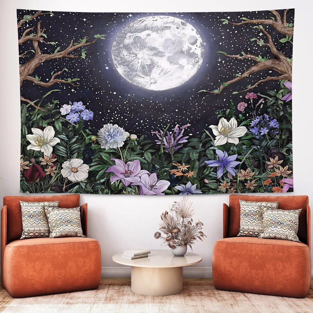 Moon Tapestry for Bedroom Full Moon Surrounded by Plants and - Etsy