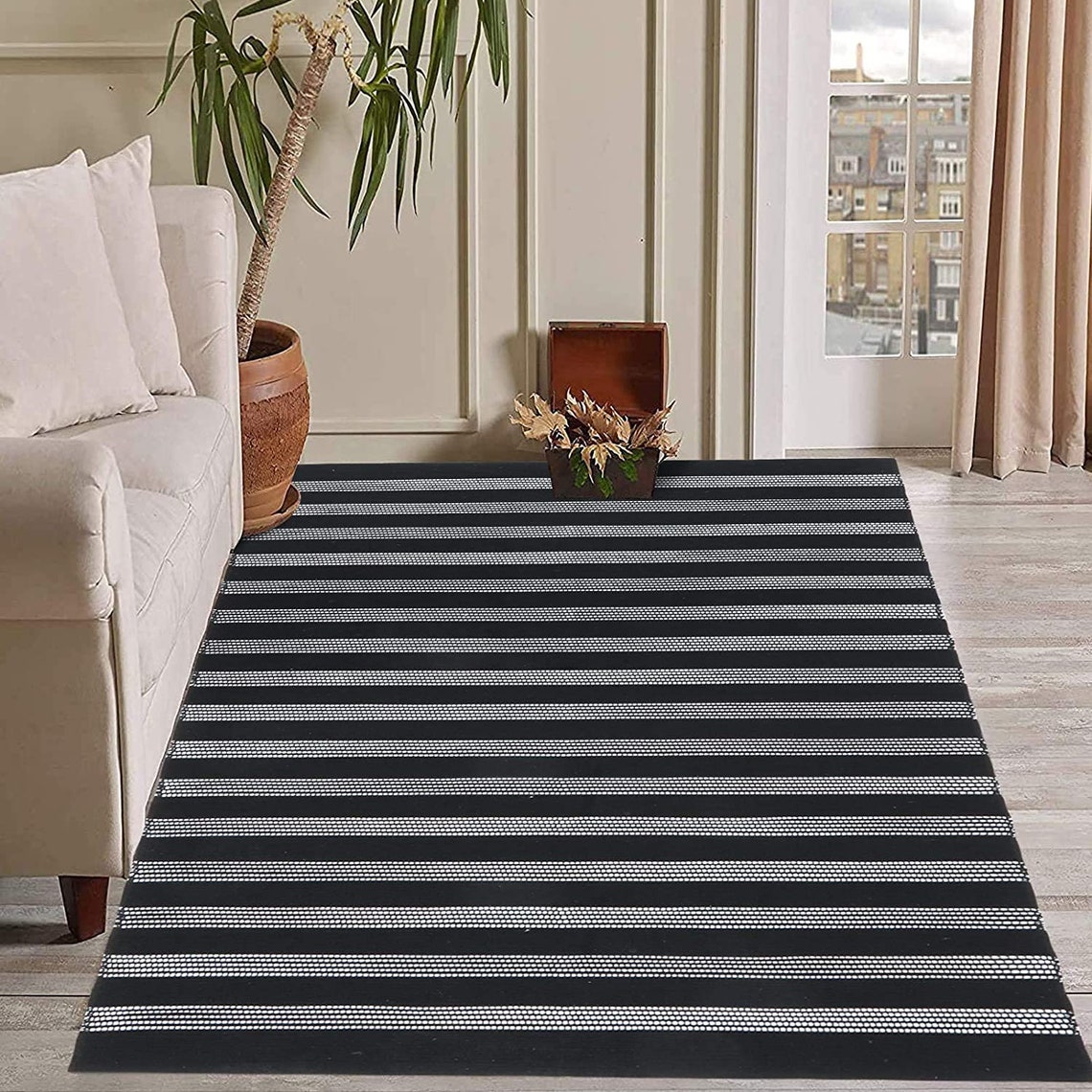 Black and White Striped Area Rug Cotton Woven Modern Indoor Etsy