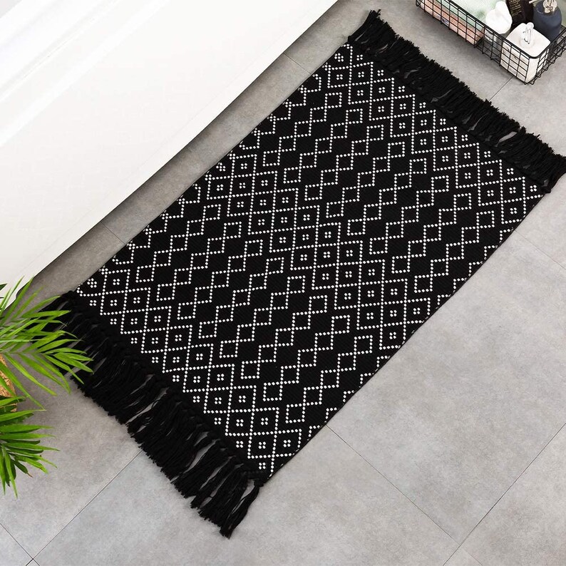 Black Boho Kitchen Bathroom Rug 2'x3' Small Tassels Etsy