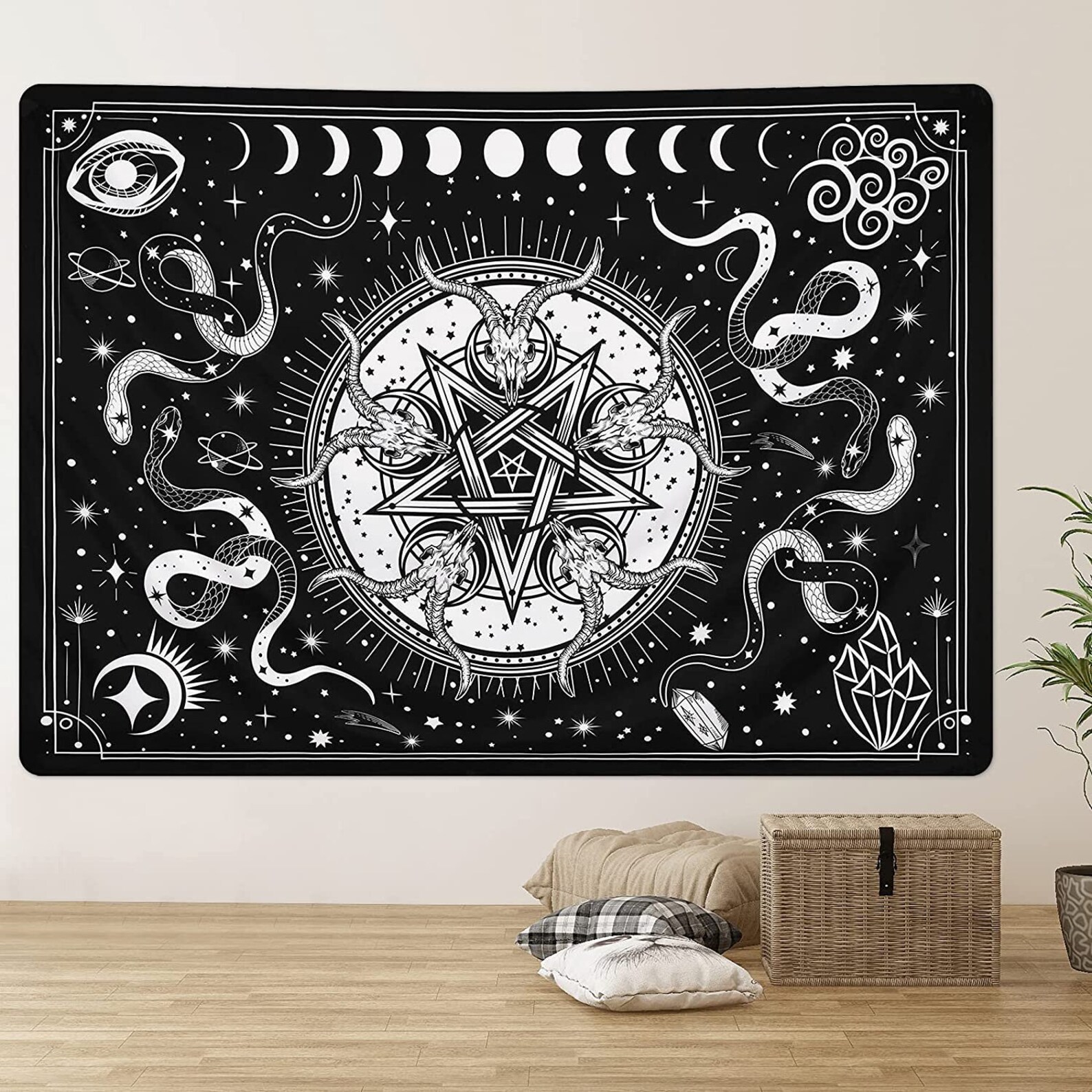 Witch Tapestry Black and White Tapestry Snake Tapestries Moon Etsy