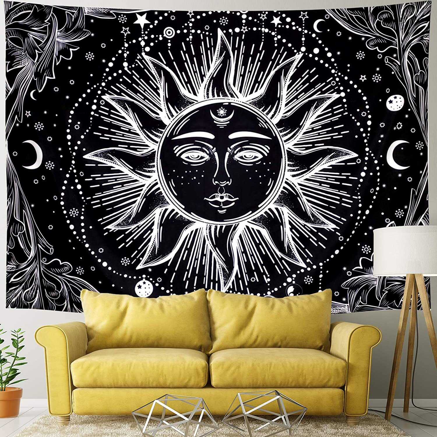 Sun and Moon Tapestry Burning Sun with Star Tapestry Black and | Etsy