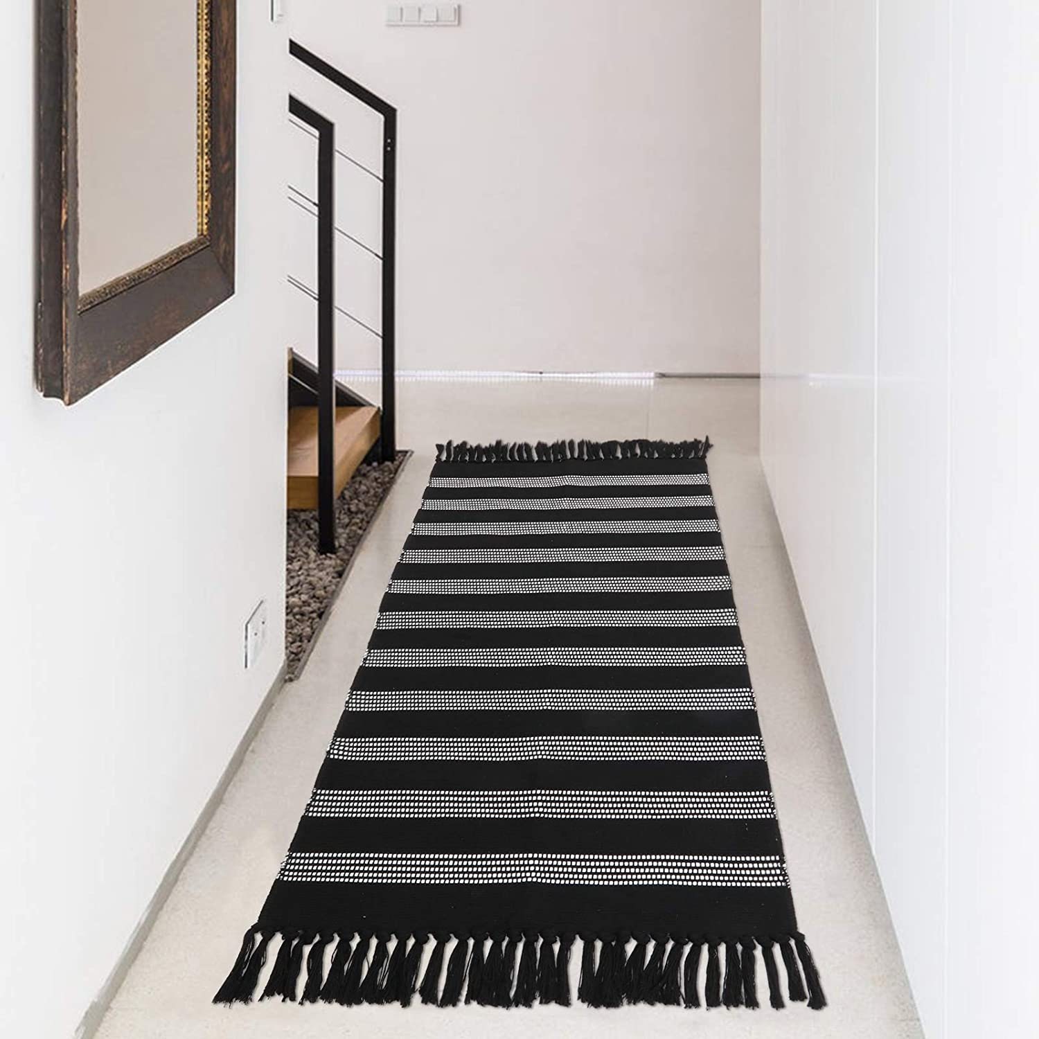Black and White Striped Area Rug Cotton Woven Modern Indoor Etsy