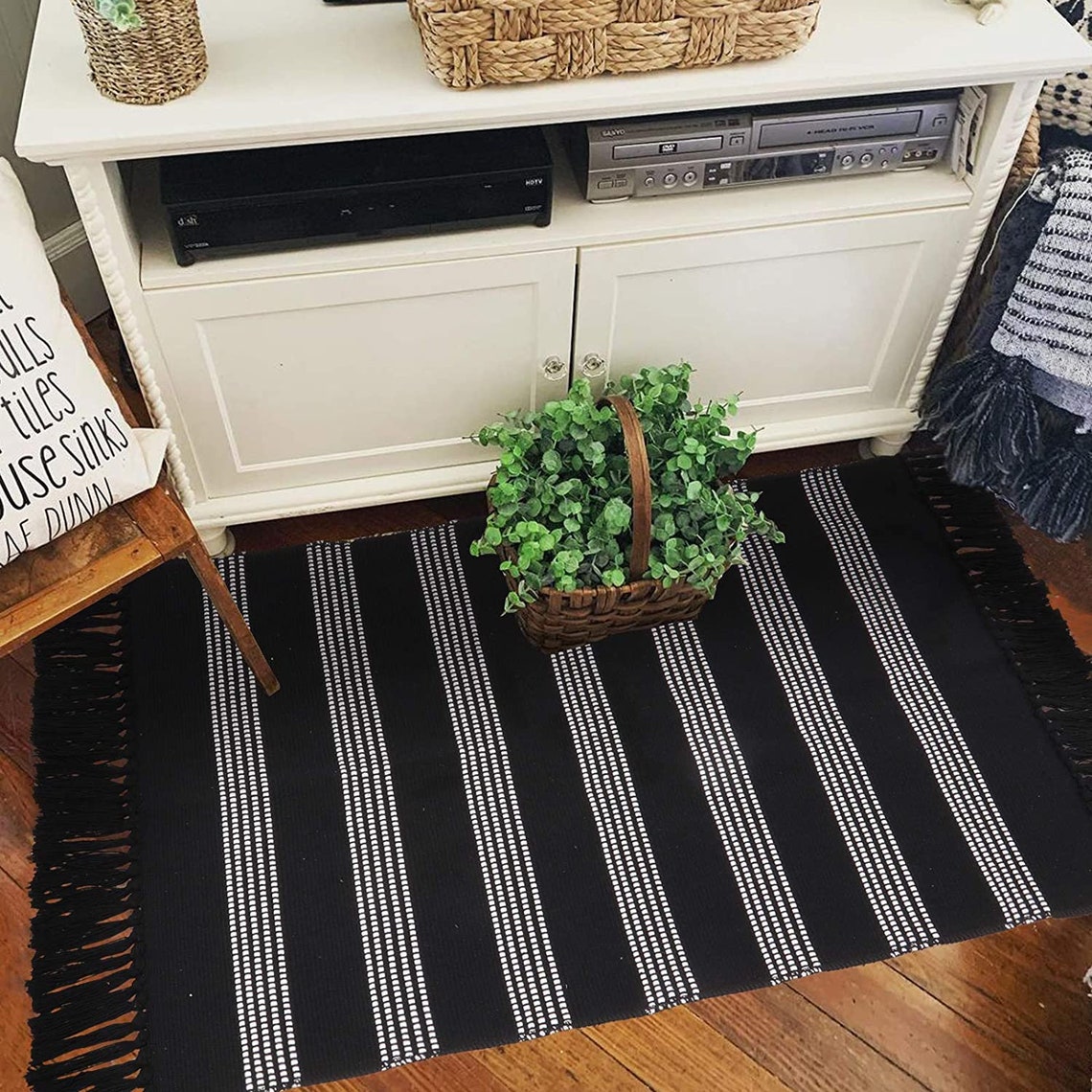 Black and White Striped Area Rug Cotton Woven Modern Indoor Etsy