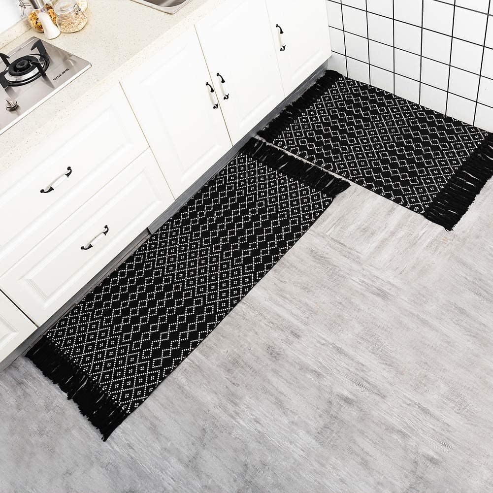 Black Boho Kitchen Bathroom Rug 2'x3' Small Tassels Etsy