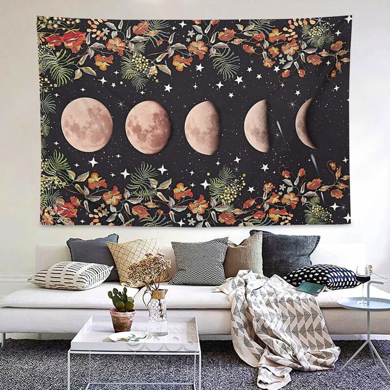 Moonlit Garden Tapestry Moon Phase Tapestries Flower Vine - Etsy