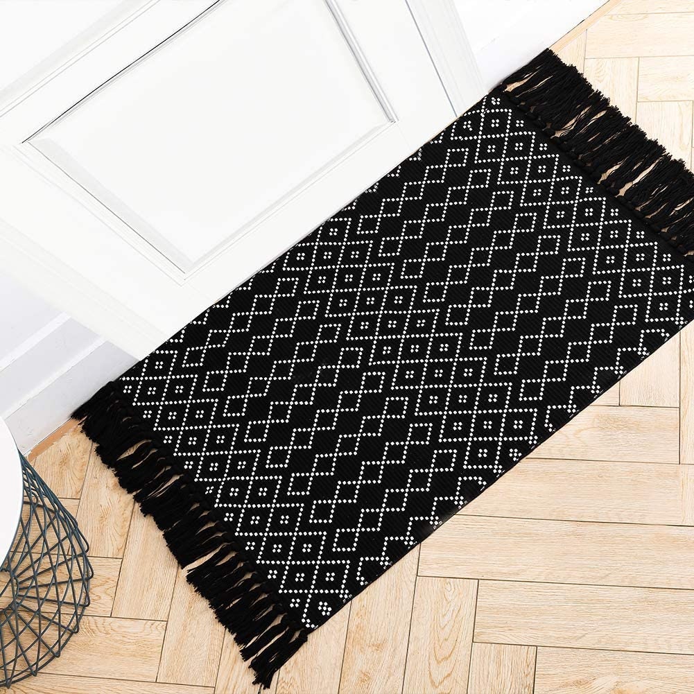 Black Boho Kitchen Bathroom Rug 2'x3' Small Tassels Etsy