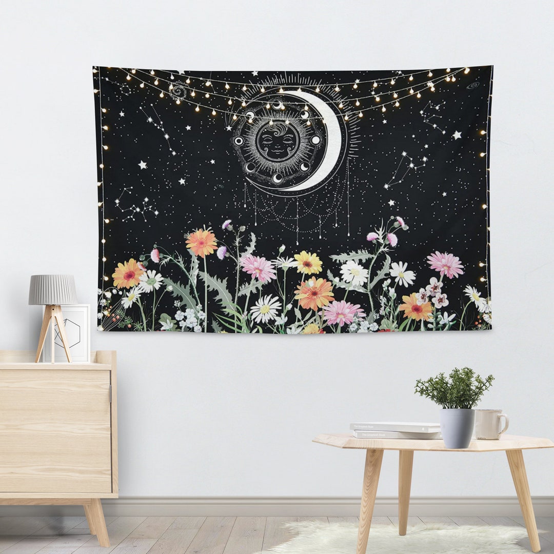 Sun and Moon Tapestry Colorful Flowers Tapestry Black Starry - Etsy