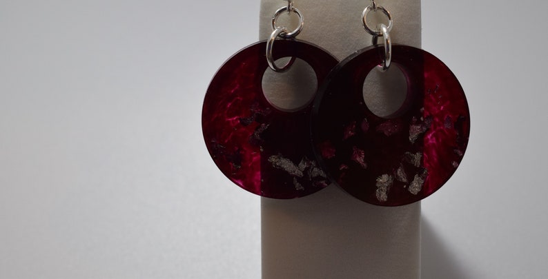 Medium Red and Silver Leaf disc earrings Product Code CS-15 sterling silver bead studs and small scrolls