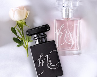 Mr and Mrs Engraved Perfume 30ml Refillable Black & Clear Bottle Gift for Wedding Bride Groom Bridal Fragrance for Couple