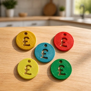 May include: Five circular tags in yellow, red, teal, light yellow, and green, each featuring a cutout of the British pound sterling symbol and a small hole at the top for attachment. These flat, disc-shaped items have a textured surface finish.
