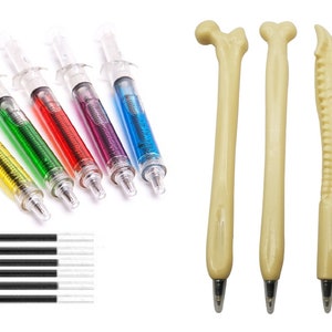 Mixed pack of 10 novelty 'Syringe' pens and Anatomical Bone pens
