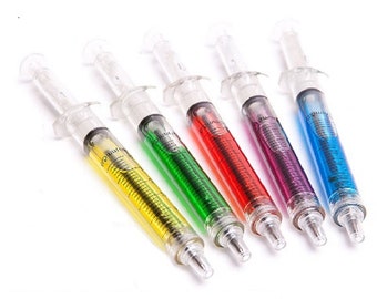 Pack of 5 novelty 'Syringe' pens with FREE extra black refills,  in mixed colours !