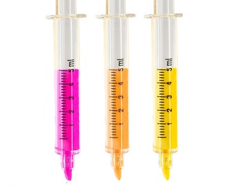Pack of 3 novelty 'Syringe' HIGHLIGHTER pens in mixed colours !