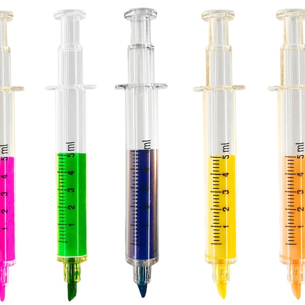 Pack of 5 novelty 'Syringe' HIGHLIGHTER pens in mixed colours !