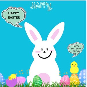 Peut inclure: Un lapin blanc aux oreilles roses et un grand sourire est assis sur un fond bleu avec des œufs de Pâques et des poussins. Le lapin tient un œuf de Pâques vert et blanc. Le texte "Joyeuses Pâques" est dans une bulle de dialogue au-dessus du lapin. Le texte "Joyeuses Pâques mon ami" est dans une bulle de dialogue à droite du lapin.