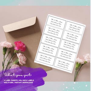 May include: Five sheets of white address labels with black text. Each label reads "Mr. & Mrs. [Name] Full Address Here City, State Zip Code". The text is in a cursive font. The labels are 2 inches by 4 inches.