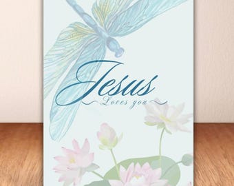Cartolina di preghiera cristiana: Gesù ti ama con un disegno di libellula (download digitale)