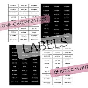 Puede incluir: Etiquetas imprimibles en blanco y negro para recipientes de almacenamiento de alimentos. Las etiquetas incluyen el texto "Gluten Free", "Dairy Free", "White Rice", "Brown Rice", "GF Cereal", "GF Oatmeal" y "Cream of Rice".