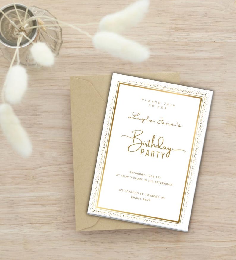 Elegant Gold & White Birthday Invitation Template: Customizable Party ...