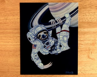 宇宙ナマケモノ宇宙飛行士と土星のアートプリントペンとインクの絵