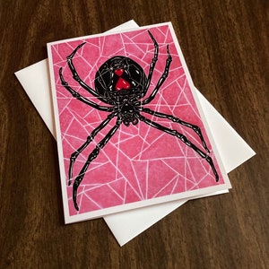 Tarjeta de felicitación en blanco de 5 x 7 pulgadas con araña viuda negra y telaraña, tarjeta de aniversario, tarjeta de San Valentín