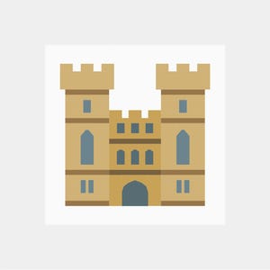 May include: A flat graphic illustration of a tan castle with two tall flanking towers and a central section. The structure features crenelated tops, dark blue rectangular windows, pointed arch windows, and a large arched central doorway.