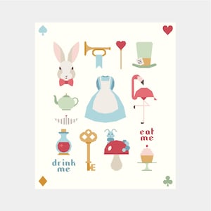 May include: A set of colourful illustrations inspired by Alice in Wonderland. The illustrations include a white rabbit, a teapot, a key, a mushroom, a cupcake, a flamingo, a playing card, a trumpet, a dress, a hat, and the text "drink me" and "eat me".
