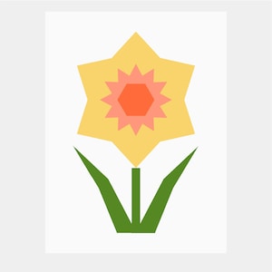 Pode incluir: Uma ilustração estilizada de um narciso amarelo com um centro rosa e laranja. A flor tem um caule e folhas verdes.