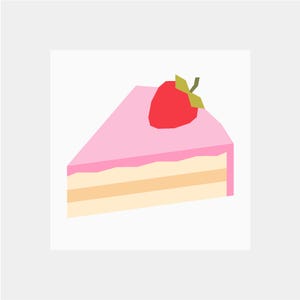 Pode incluir: Uma fatia de bolo com cobertura rosa e um morango vermelho por cima. O bolo tem três camadas de bolo bege claro e uma camada de cobertura rosa. O morango tem folhas verdes.