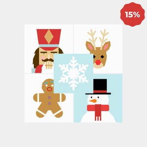 May include: A square graphic featuring four holiday icons: a nutcracker in a red hat, a reindeer with antlers, a brown gingerbread person, and a snowman with a black top hat and red scarf, centered with a large white snowflake on a light blue square.