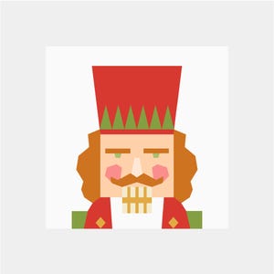 May include: A red and green nutcracker with a white face, brown hair, and a gold mustache. The nutcracker is wearing a red and gold uniform.