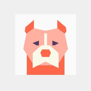 May include: Geometric illustration of a pink and white dog's face with a red nose.