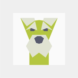 Pode incluir: Uma ilustração geométrica do rosto de um cão. O cão tem pêlo verde, pêlo branco em volta da boca e um nariz cinzento.