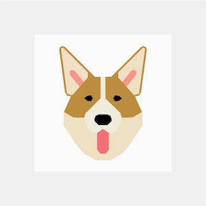 Puede incluir: Una ilustración de dibujos animados de un perro marrón y blanco con orejas rosas y la lengua fuera. El perro está mirando directamente al espectador.