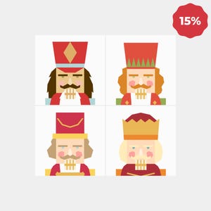 May include: A set of four square illustrations featuring stylised nutcracker figures. Each character wears a distinct hat, including a red cap, a green-trimmed hat, a red cylindrical hat, and a gold crown, all with geometric facial features.