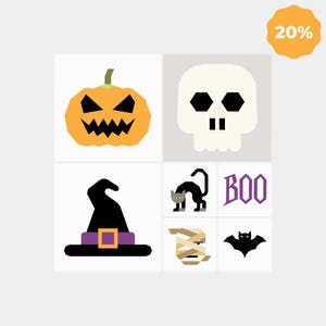 May include: A collection of Halloween-themed graphic icons including an orange jack-o'-lantern, a white skull, a black witch hat with a purple band, a black cat, the purple text BOO, a beige mummy head, and a black bat on a white background.