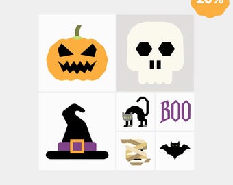 Halloween Quilt Block Bundle | 7 Spooky Patterns | Digital PDF Download | Foundation Paper Piecing | FPP | Boo Bat Skull
