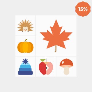 Pode incluir: Um gráfico quadrado com seis ícones de temática outonal: um ouriço castanho, uma grande folha de ácer laranja, uma abóbora amarelo-alaranjada, um gorro de malha azul com um floco de neve, uma fatia de maçã vermelha e um cogumelo castanho. Um emblema laranja mostra 15%.