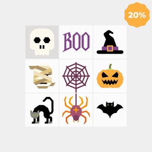 Pode incluir: Uma grade de nove ícones quadrados com imagens de Halloween: um crânio branco, o texto roxo BOO, um chapéu de bruxa preto, uma múmia bege, uma teia de aranha roxa, uma abóbora laranja, um gato preto, uma aranha roxa e laranja e um morcego preto.
