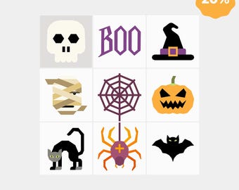 Halloween Quilt Block Bundle | 9 Spooky Patterns | Digital PDF Download | Foundation Paper Piecing | FPP | Spider Bat Skull