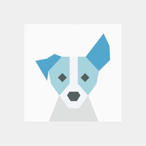 May include: A geometric illustration of a dog's face with blue, white, and gray colors. The dog has black eyes and a black nose.