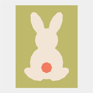 Puede incluir: Una silueta de conejo blanco con una cola rosa sentada sobre un fondo verde.