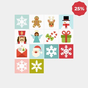 May include: A grid of fourteen square icons featuring Christmas-themed illustrations including snowflakes, a gingerbread person, a reindeer, a snowman, a nutcracker, an angel, a candy cane, a gift, a letter, and Santa Claus, with a red 25% badge.